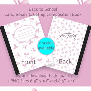 May include: Two composition books with a white cover featuring a repeating pattern of light pink bows. The front cover has a label with the text Composition Book, and the back cover displays the text Designed by Anne Londez. A central circle states 2 scales available.