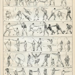 1897 Cane & stick fighting print for Vintage martial arts sports wall decor. Man cave gifts for men. Black and white antique French poster