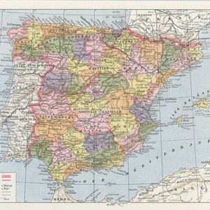 1936 Carte d'Espagne ancienne de l'entre-deux guerres. Carte vintage d'Europe. Cadeau pour historien, géographe, professeur