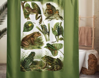 Green antique frogs and toads Shower curtain from a 19th century wildlife dictionary plate