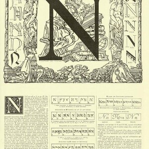 Könnte beinhalten: Antike Illustration mit dem Buchstaben "N", verziert mit Figuren und Text. Die Schwarz-Weiß-Arbeit zeigt klassische Figuren, Bücher und dekorative Elemente, die ein historisches oder pädagogisches Thema suggerieren.