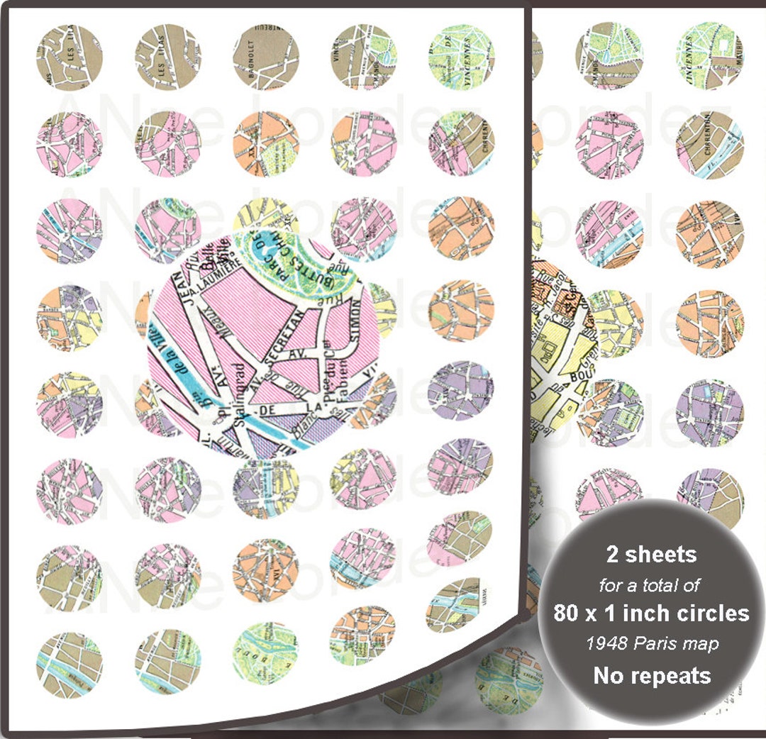 1 inch circles Vintage Paris Map Digital Collage Sheet - Etsy México