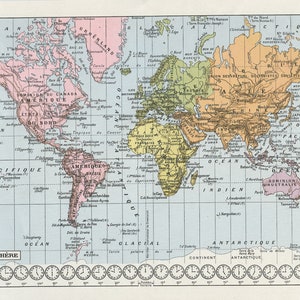 1936 Antique world map with timezones. Vintage French earth map. Geography teacher & frequent traveller gift. Office wall decor. Continents