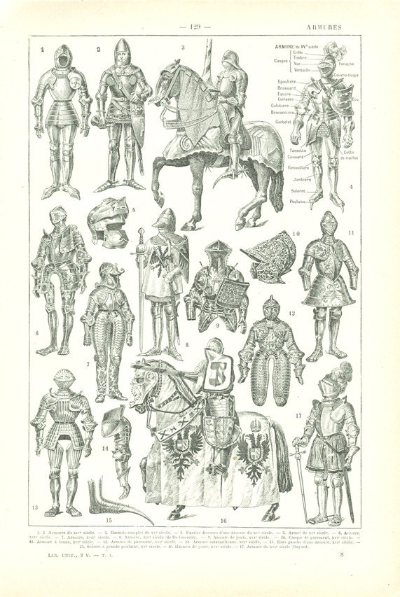 1922 Armures Image Ancienne Chevaliers Page de Dictionnaire Français 1922