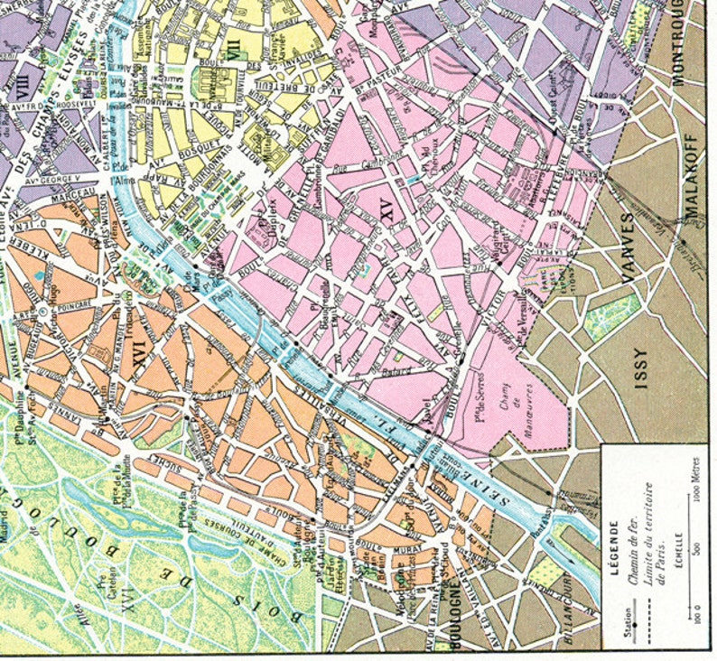 Carte de Paris imprimable à volonté A4. Carte Paris vintage ancienne en téléchargement immédiat. Carte ancienne à imprimer image 3