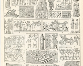 1936 Assyrian art print antique culture poster. Assyrian history print Gifts for history buffs. Dark academia office decor