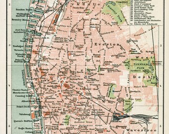 1894 Antique Liverpool City map. Vintage small German lithograph engraving. Geography UK Britain landmarks dark academia cottagecore