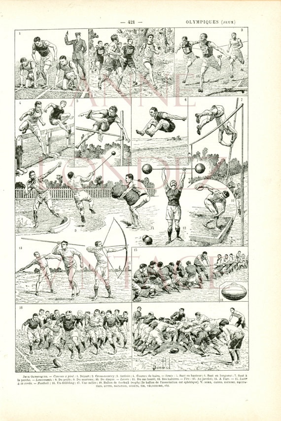 1922 Gravure vintage JO sport jeux olympiques page de dictionnaire