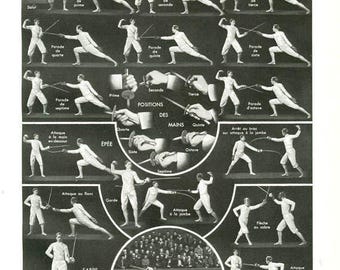 FEncing poster from 1949. Vintage fleuret art Antique fencing art sports decor Fencing gift Fencing decor Mens gift fencing print