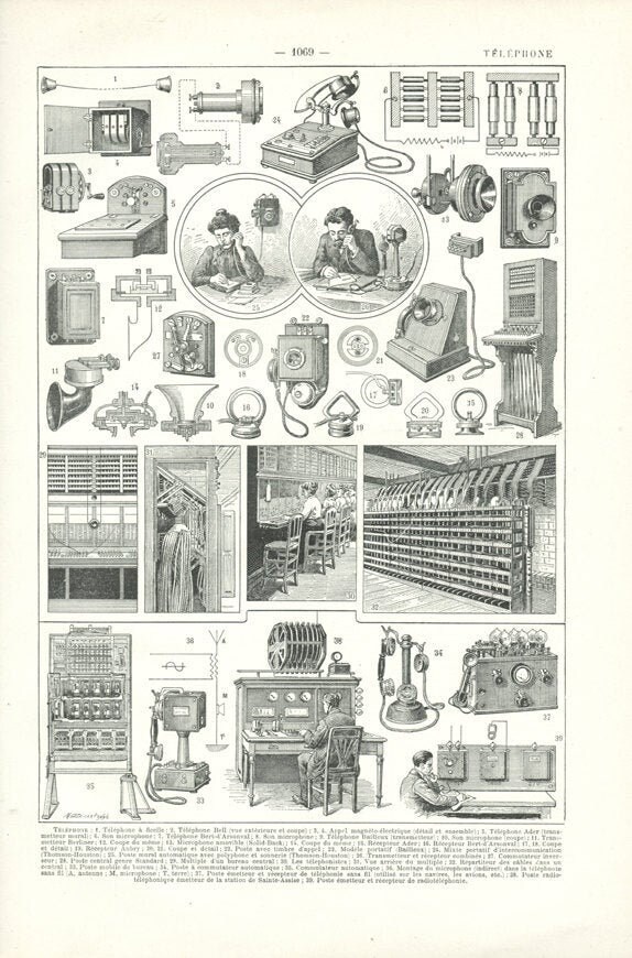 1922 Gravure Vintage Téléphone Cadeau Telecom Téléphoniste Page de Dictionnaire Français