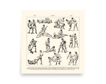 Square beige Jiu-Jitsu Poster for Martial art dojo & man cave wall decor. Combat fight sports wall art. Gift for him