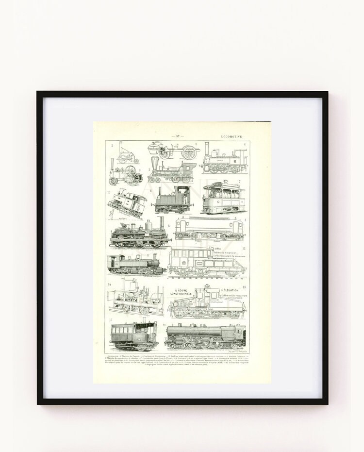 1908 Gravure de Locomotives Anciennes Cadeau Train Vintage Poster Locomotives Deco Image Locomotive