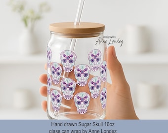 Hand drawn Sugar skull 16Oz glass can sublimation digital wrap 300dpi instant download digital png jpg pdf Southwestern