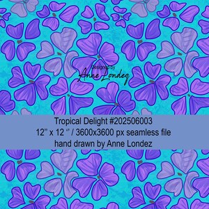 Motif textile floral tropical violet répétitif infini numérique en téléchargement immédiat. Papier peint moderne coloré licence commerciale