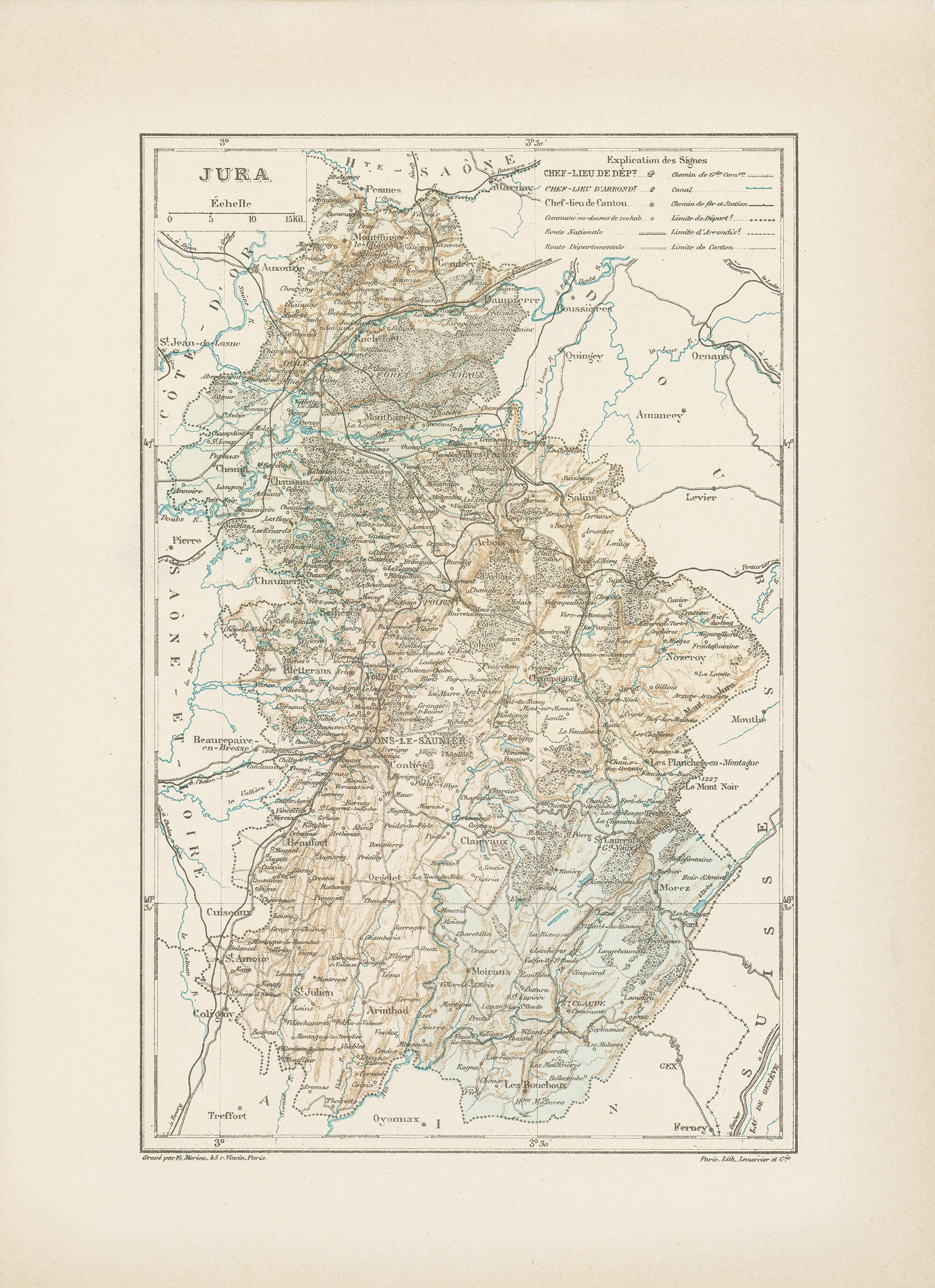 1892 Carte Ancienne Du Jura. Vintage de Département Français. Cadeau Pour Prof Géographie. Montagnes