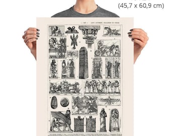 May include: A black and white print of ancient art and architecture, including statues, columns, and chariots. The paper size is 18"x24". The print features the text "ARTS ANKURIEN, CHALDEEN ET PERSE".