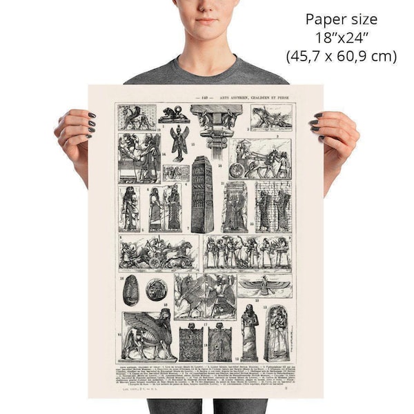 Large ancient Assyrian art poster, 1922 Assyrian culture print, Art history teacher gift, Middle east art. History buff gift. Archeology