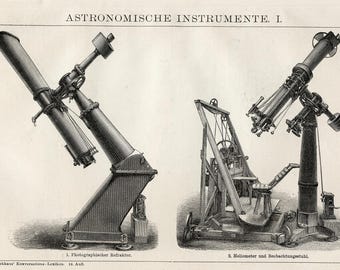 1894 Antique astronomy print for science home decor. Black white small German lithograph engraving dark academia cottagecore