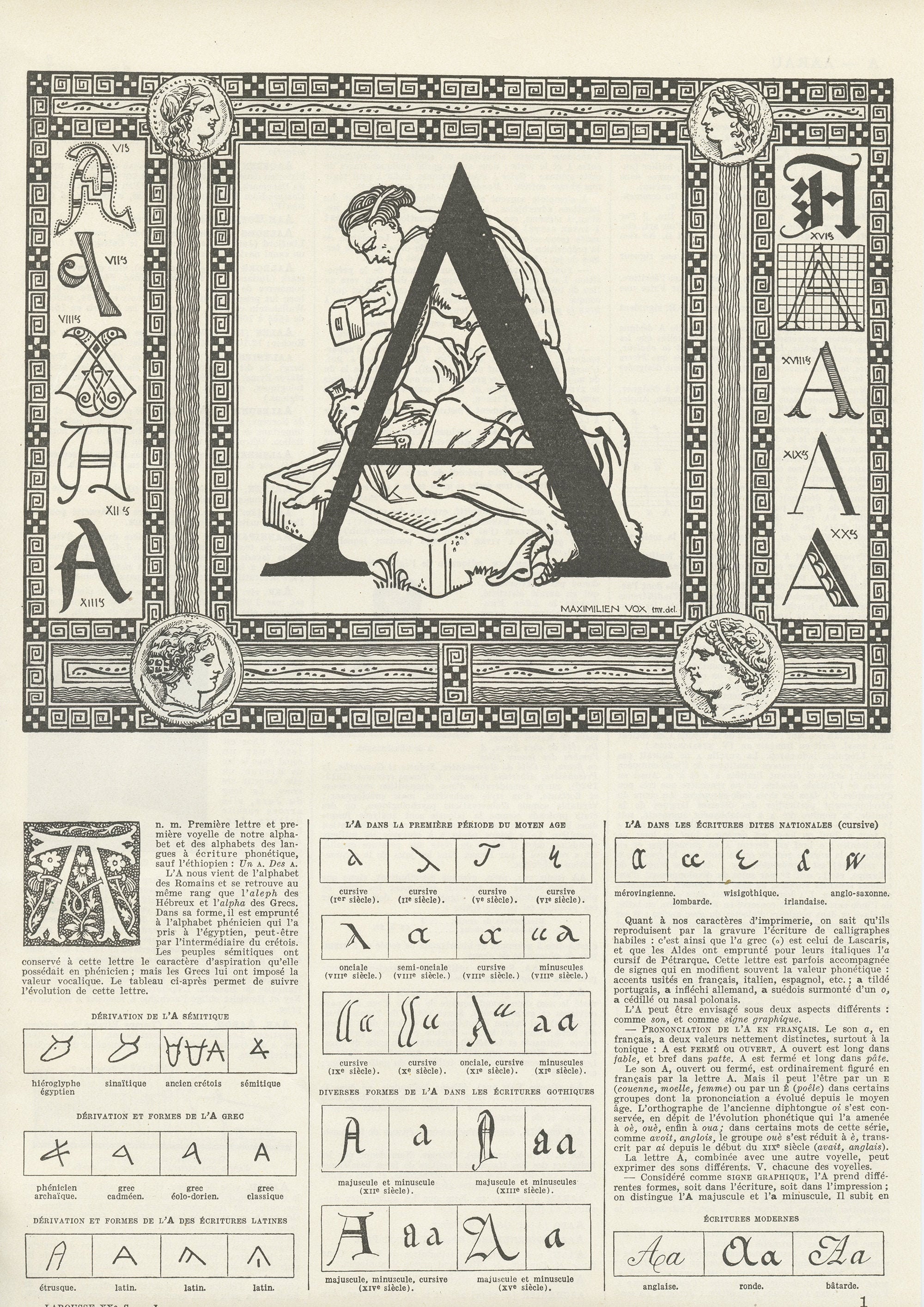 1936 Lettrek Illustration Vintage de Lettre A Calligraphie Gravure Initiale Déco Salle Classe