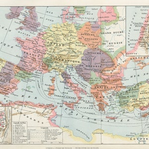 1936 Carte ancienne des croisades chrétiennes au Moyen-Age d'Europe vers Jérusalem. Cadeau pour historien ou théologien. Costumes armes