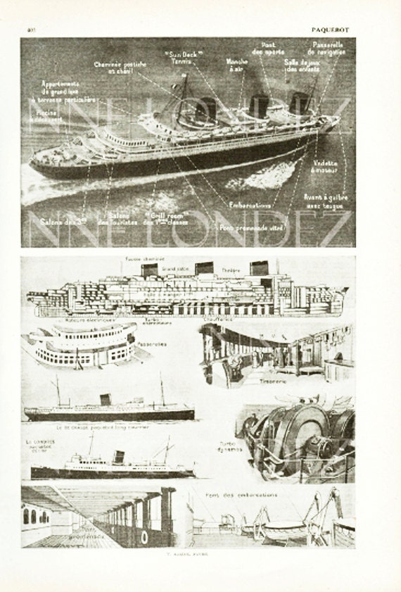 1948 Bateaux Vintage Paquebots Marine Navires Page de Dictionnaire Français
