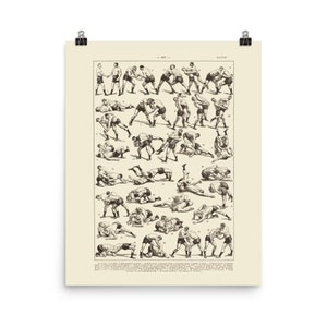 May include: A vintage illustration of 20 different wrestling holds. The image is in black and white and features two wrestlers in each hold. The image is labeled with numbers 1-20.