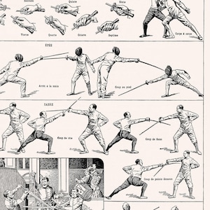 May include: A vintage illustration showcasing fencing techniques. The image features multiple figures engaged in fencing, demonstrating various stances and sword movements. Text labels identify the positions and actions.