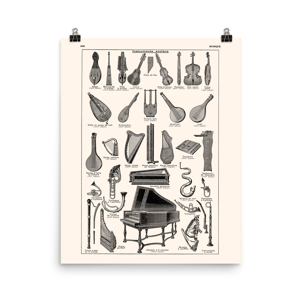 Grande Affiche de Musique Vintage 1938. Poster d'instruments Anicens Clavecin Vielle Epinette Teorbe