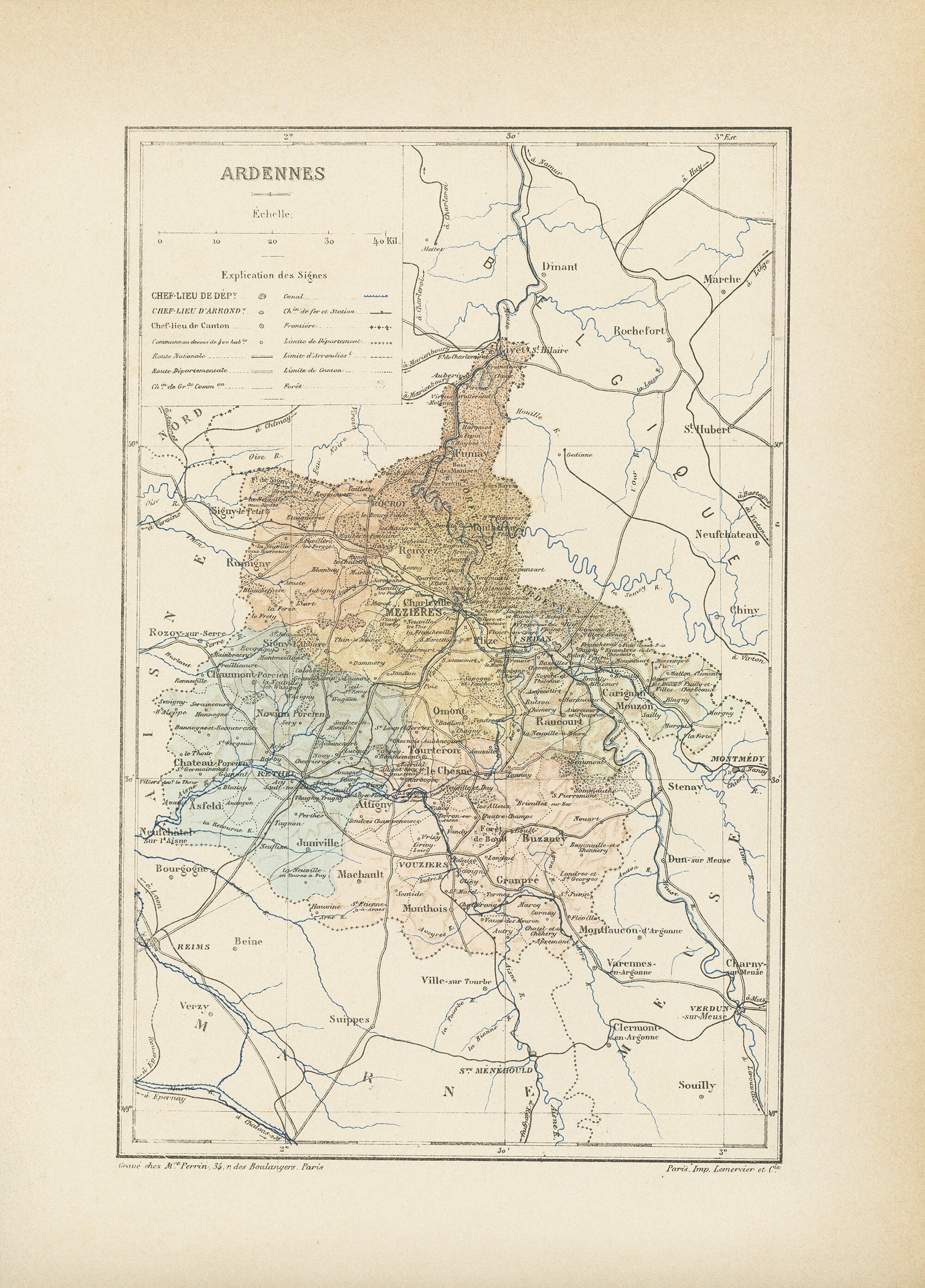 1892 Carte Ancienne Des Ardennes. Vintage. de Département Français. Cadeau Pour Prof Géographie Gran