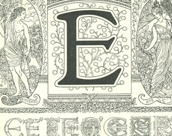 1922 Vintage initial letter E print for office or dorm room door decor. Calligraphy ABC alphabet French dictionary page monogram initials
