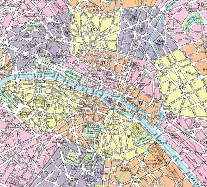 Carte de Paris imprimable à volonté A4. Carte Paris vintage ancienne en téléchargement immédiat. Carte ancienne à imprimer image 4