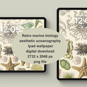 Fond d'écran Ipad oceanographie retro vintage numérique en téléchargement immédiat. Papier peint dark academia esthétique biologie marine