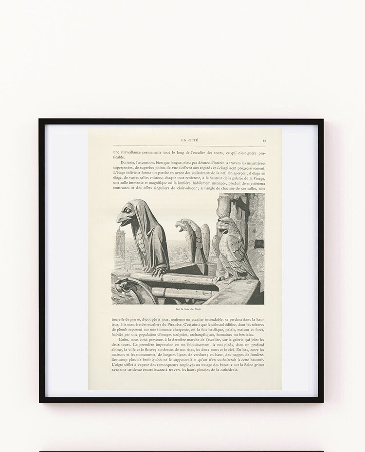 1889 Gravure Des Statues Beffroi Nord de La Cathédrale Notre Dame Paris en Noir et Blanc d'après Un 