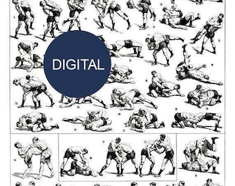 Large format printable wrestling poster for vintage sports den man cave dojo gym home decor. Wrestler gift digital download collage sheet