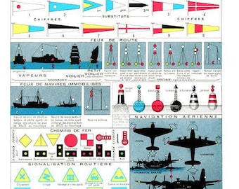 1949 Vintage signals poster, Nautical decor, Navy gift Sailing gift Maritime decor flags signal print navy boating French dictionary page