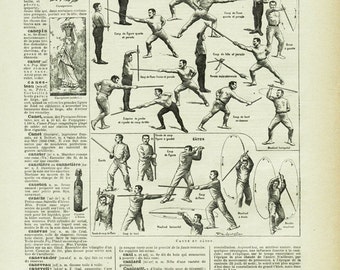 1922 Illustration vintage canne et baton Gravure de sport de combat Cadeau pour escrimeur  page de dictionnaire français