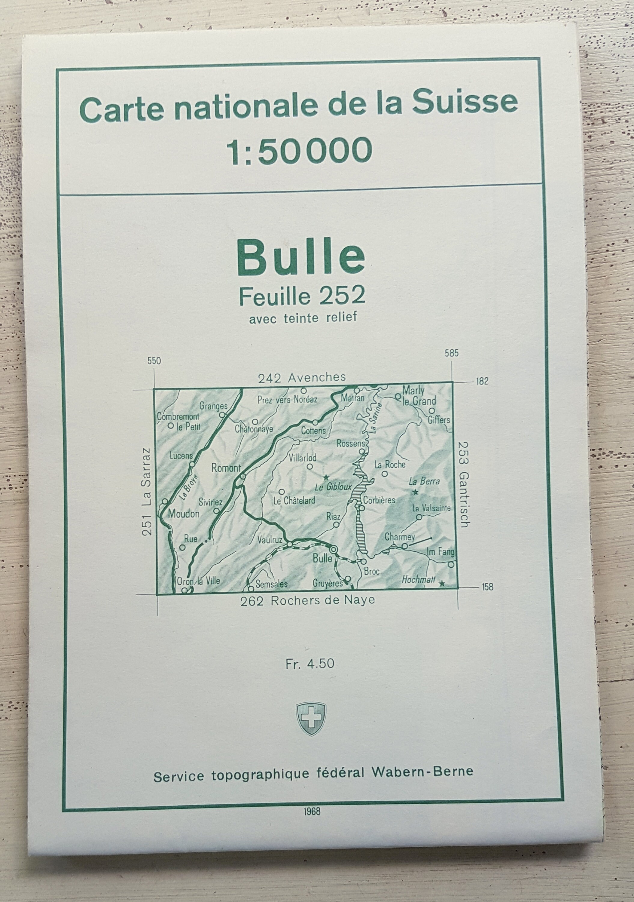 1961 Ancienne Carte Topographique Suisse de La Gruyère. Grande Des Pre-Alpes Fribougeoises. Bulle La