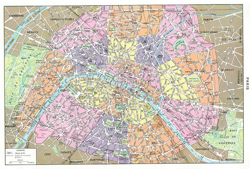Carte de Paris imprimable à volonté A4. Carte Paris vintage ancienne en téléchargement immédiat. Carte ancienne à imprimer image 1