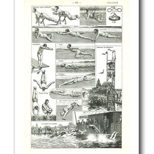 Peut inclure: Une estampe ancienne intitulée "Natation" (Natation) présente diverses illustrations de techniques de natation et de plongeon. Les images en noir et blanc représentent des nageurs, des plongeurs et un plongeoir, illustrant l'évolution du sport.