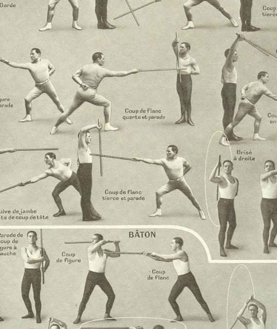 1948 Vintage Sports Poster Fencing Poster Cane Fighting Stick Fighting Gift  Fencing Print Cane Fight Print French Dictionary Page 