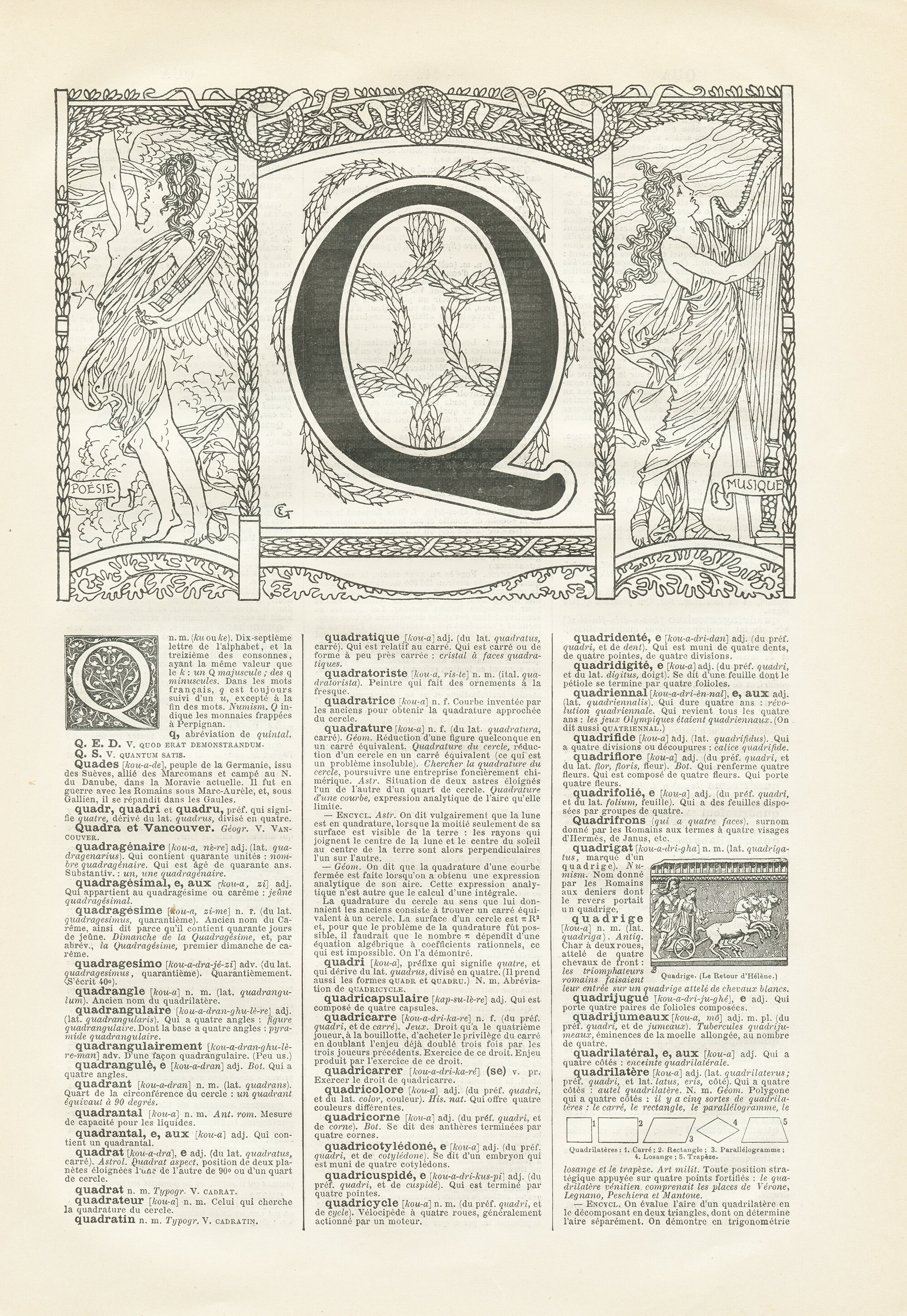 1908 Lettre Q Poster Initiale Affiche Illustration de La Lettre V Alphabet Vintage Page Dictionnaire