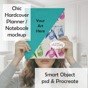 May include: A hardcover planner or notebook mockup featuring a teal cover section and a white section with colorful bat illustrations. The text reads Chic Hardcover Planner / Notebook mockup, Your Art Here, Designed by Anne Londeq, Smart Object psd & Procreate.