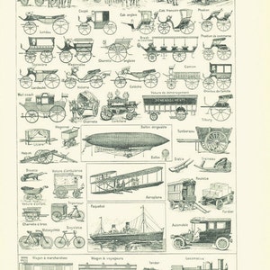 Antique vehicules poster from 1908. vintage cars poster air balloons art Antique planes poster carts French  vintage