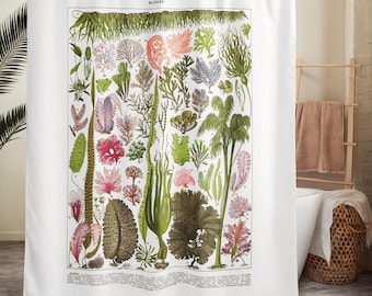 Pink & Green Algae Marine Biology Shower curtain for botanical nature coastal aesthetic bathroom decor. Beach house decoration ideas
