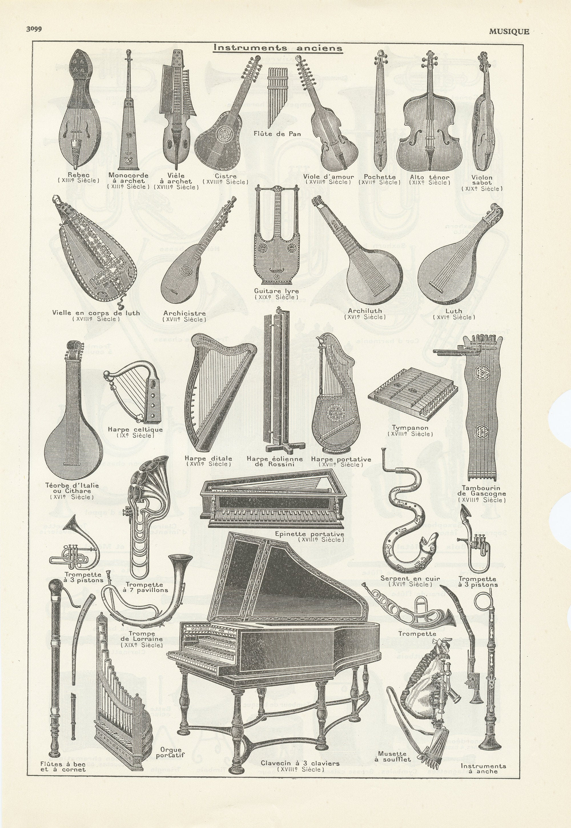 Antique Ancient Musical Instruments Print From 1938. Harpsichord