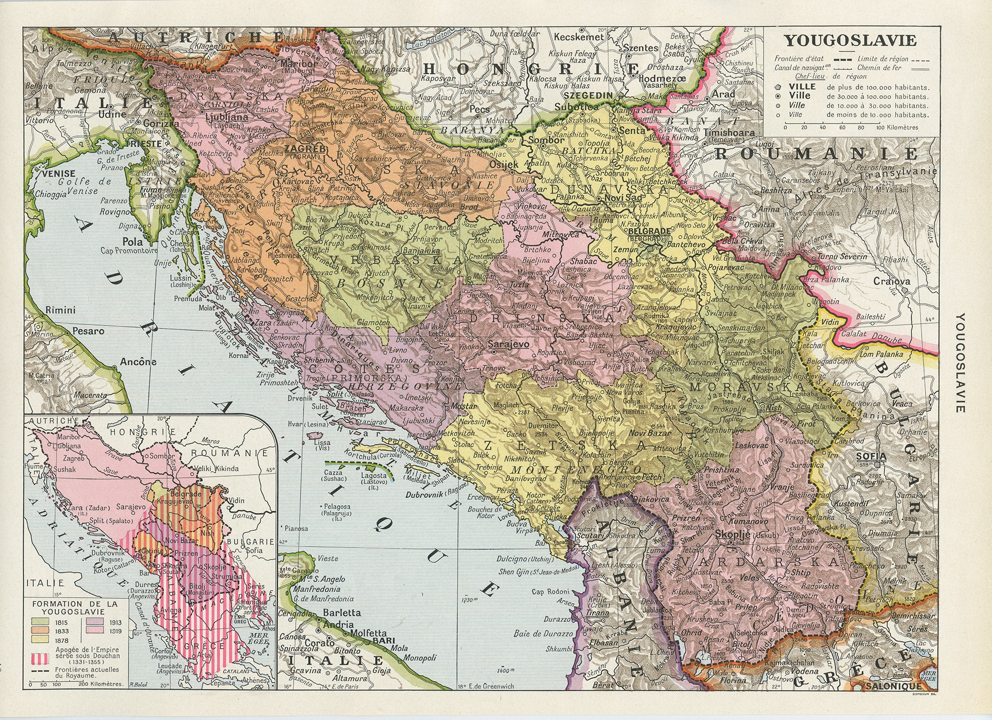 1936 Carte de Yougoslavie Ancienne L'entre-Deux Guerres. Vintage Des Balkans. Cadeau Pour Historien,