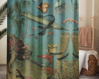 Deep Sea Oceanography shower curtain for coastal Marine animals sea life home decor. Biology teacher gift for office dark academia