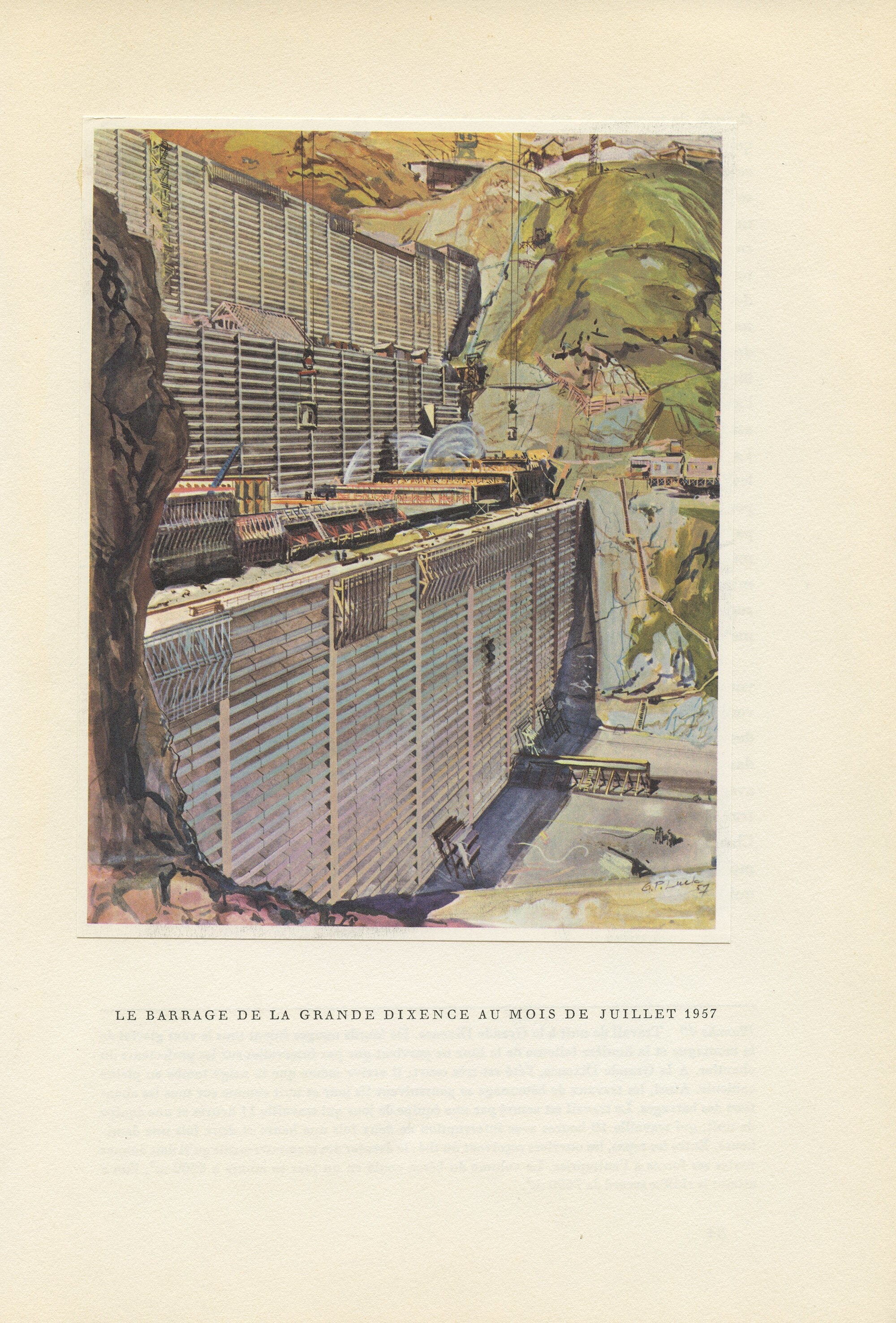 1961 Illustration de Construction Barrage Vintage. Grande Dixence. Petite Affiche Génie Civil. Cadea
