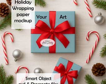 Festive Christmas Holiday Wrapping paper Mockup Procreate & Smart Object Photoshop psd. Cozy winter instant download grandmillennial gift