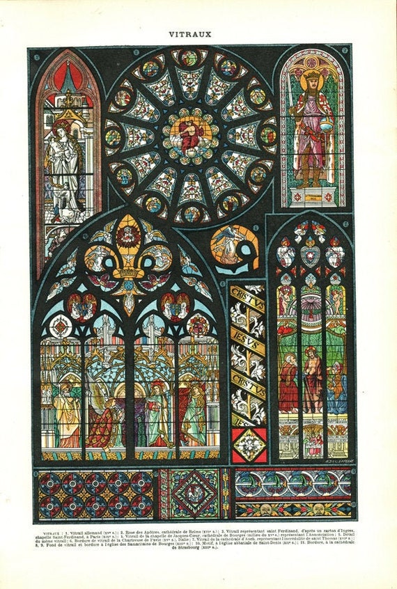 洋書 Architectural Stained Glass 1922 Antique Architectural Stained Glass Window Poster. Sacred